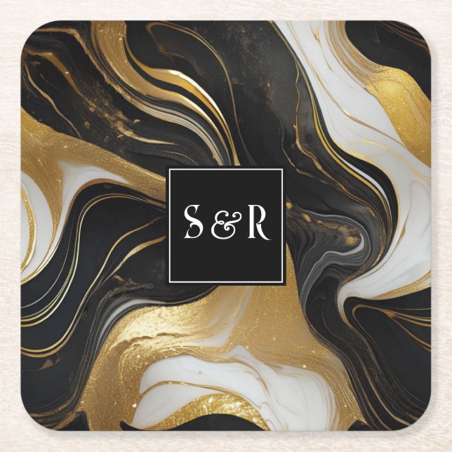 Monogram Faux Gold, Black & White Marbled Wedding Square Paper Coaster (Front)