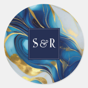 Monogram Faux Gold, Blue and White Marbled Wedding Classic Round Sticker