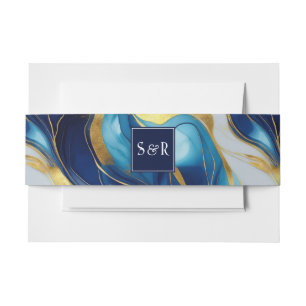 Monogram Faux Gold, Blue and White Marbled Wedding Invitation Belly Band