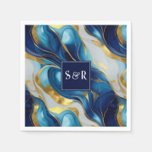 Monogram Faux Gold, Blue and White Marbled Wedding