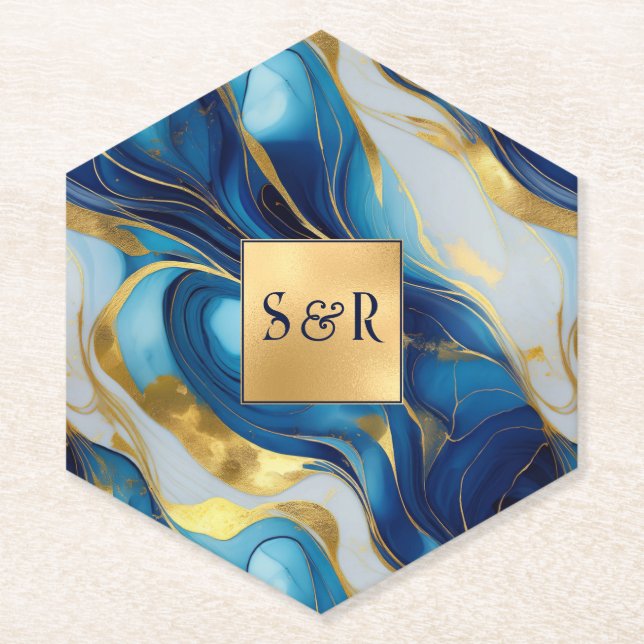 Monogram Faux Gold, Blue and White Marbled Wedding Paper Coaster (Front)