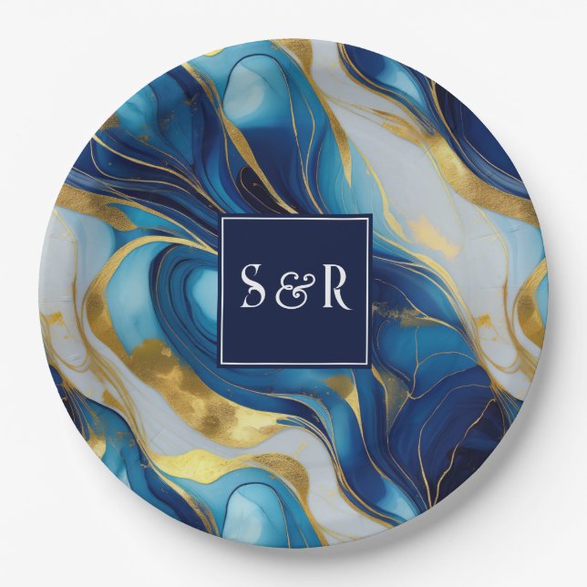 Monogram Faux Gold, Blue and White Marbled Wedding Paper Plate (Front)