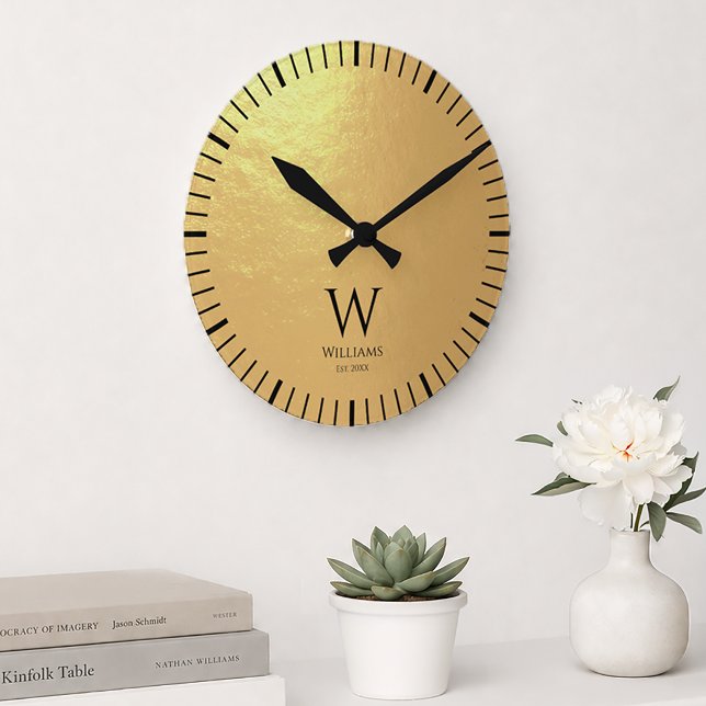 Monogram Faux Gold Foil Black  Initial Custom Name Round Clock (Creator Uploaded)