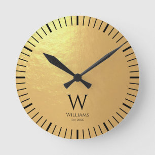 Monogram Faux Gold Foil Black  Initial Custom Name Round Clock