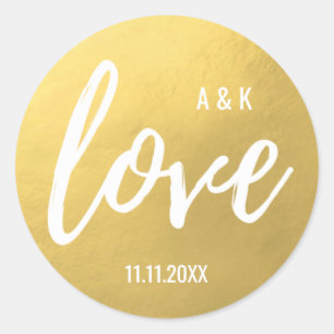 Monogram Faux Gold Foil LOVE Script Black Wedding Classic Round Sticker
