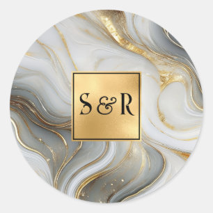 Monogram Faux Gold, Grey White Marbled Wedding Classic Round Sticker