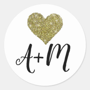 monogram faux-gold love heart wedding classic round sticker