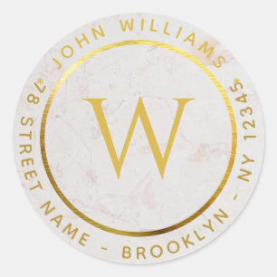 Monogram Faux Gold Marble Circular Return Address  Classic Round Sticker