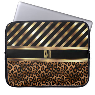 Monogram Faux Gold Stripes and 🐆 Leopard Print Laptop Sleeve