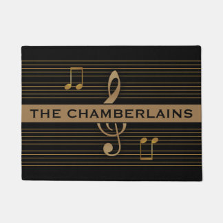 Monogram Faux Gold Treble Clef and Notes on BLACK Doormat