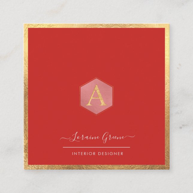 MONOGRAM FAUX GOLD TRIM+DIY COLOR SQUARE BUSINESS CARD (Front)