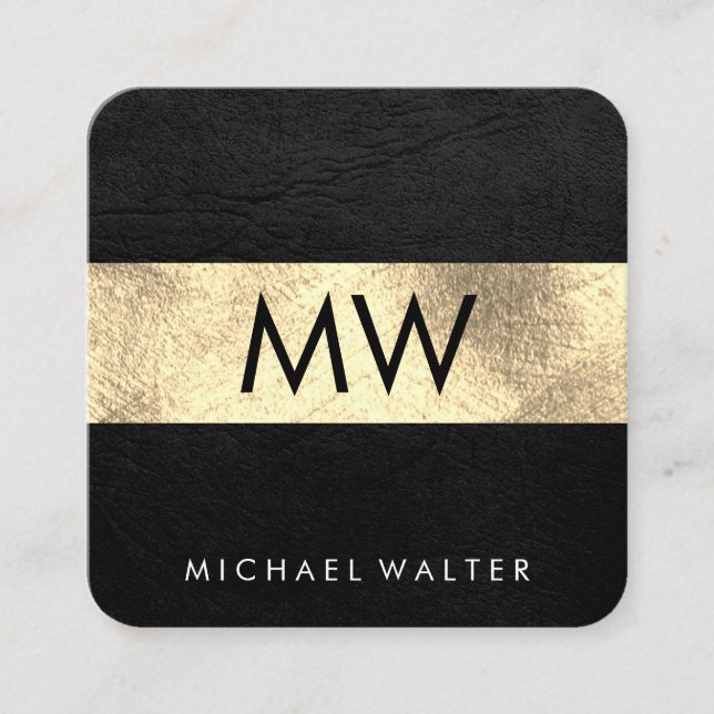 Monogram Faux Leather / Gold Luxe Square Business Card (Front)