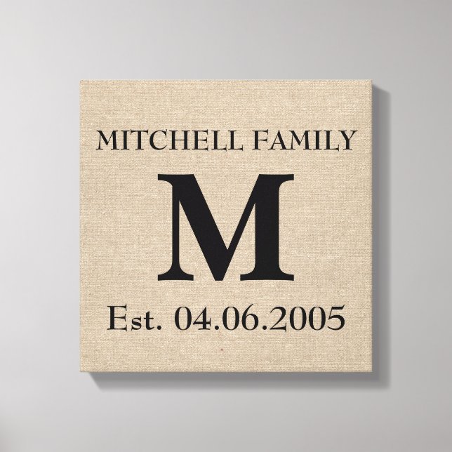 Monogram faux linen burlap rustic chic initial jut canvas print (Front)