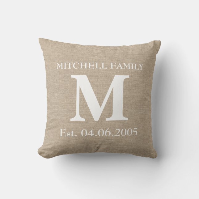 Monogram faux linen burlap rustic chic initial jut cushion (Front)