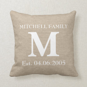 Monogram faux linen burlap rustic chic initial jut cushion