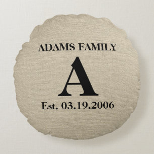 Monogram faux linen burlap rustic chic initial jut round cushion