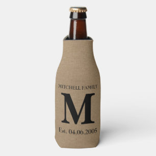 Monogram faux linen burlap rustic initial wedding bottle cooler