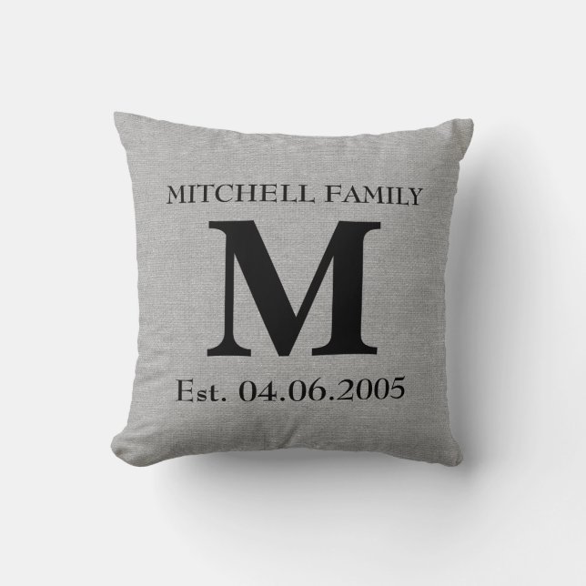 Monogram faux linen burlap rustic initial wedding cushion (Front)