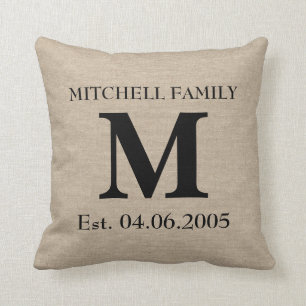 Monogram faux linen burlap rustic initial wedding cushion