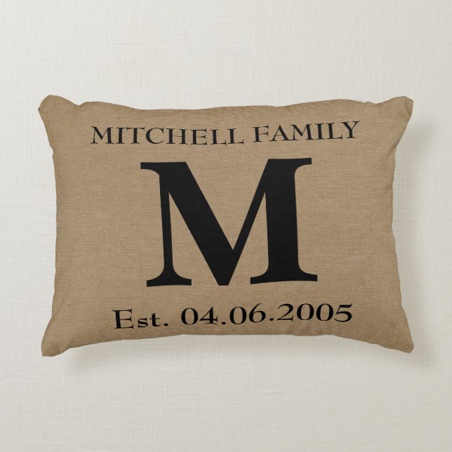 Monogram faux linen burlap rustic initial wedding decorative cushion (Front)