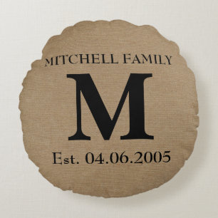 Monogram faux linen burlap rustic initial wedding round cushion