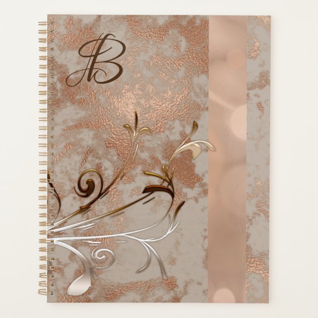 Monogram Faux Rose Gold Floral Swirl Planner (Front)