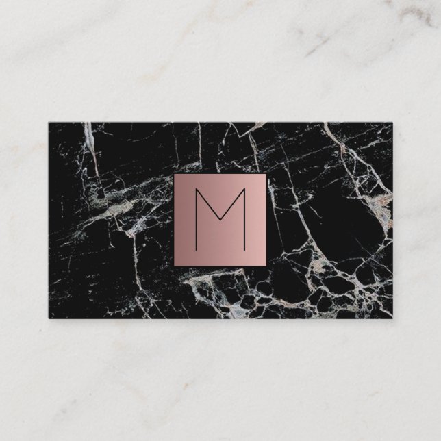 monogram faux rose gold foil on black marble business card (Front)