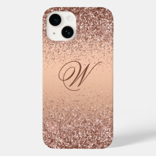 Monogram Faux Rose Gold Glitter iPhone 14 Case