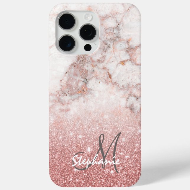 Monogram Faux Rose Gold Glitter White Marble Ombre Case-Mate iPhone Case (Back)