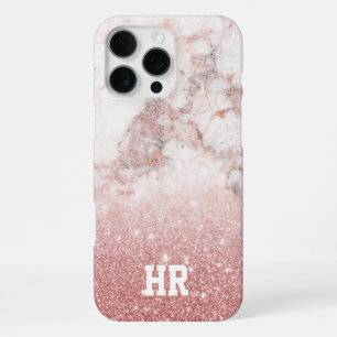 Monogram Faux Rose Gold Glitter White Marble Ombre iPhone 16 Pro Max Case