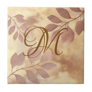 Monogram Faux Rose Gold leaves Ceramic Tile