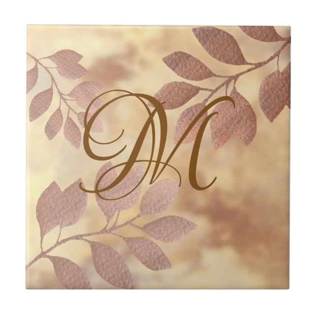 Monogram Faux Rose Gold leaves Ceramic Tile (Front)