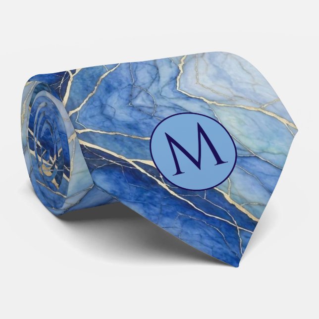 Monogram Faux Silk Neck Tie | Blue + Gold Marble (Rolled)