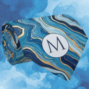 Monogram Faux Silk Neck Tie Blue + Gold Marble
