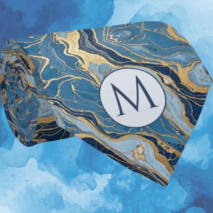 Monogram Faux Silk Neck Tie Blue + Gold Marble