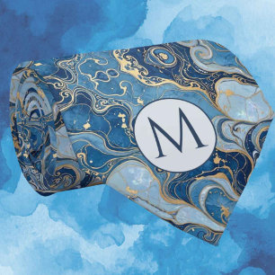 Monogram Faux Silk Neck Tie Blue + Gold Marble
