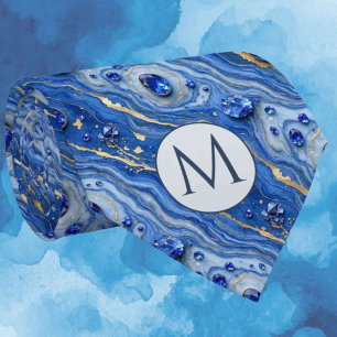 Monogram Faux Silk Neck Tie Blue + Gold Marble