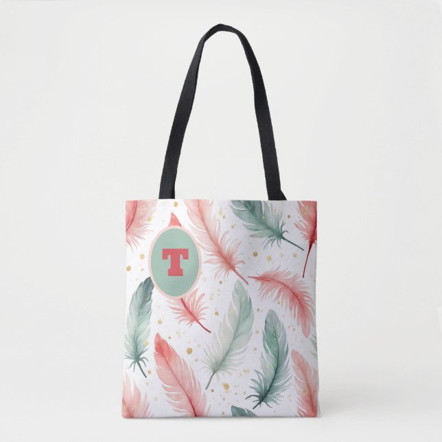 Monogram Feather Design in Red, Green & Gold  Tote Bag (Front)