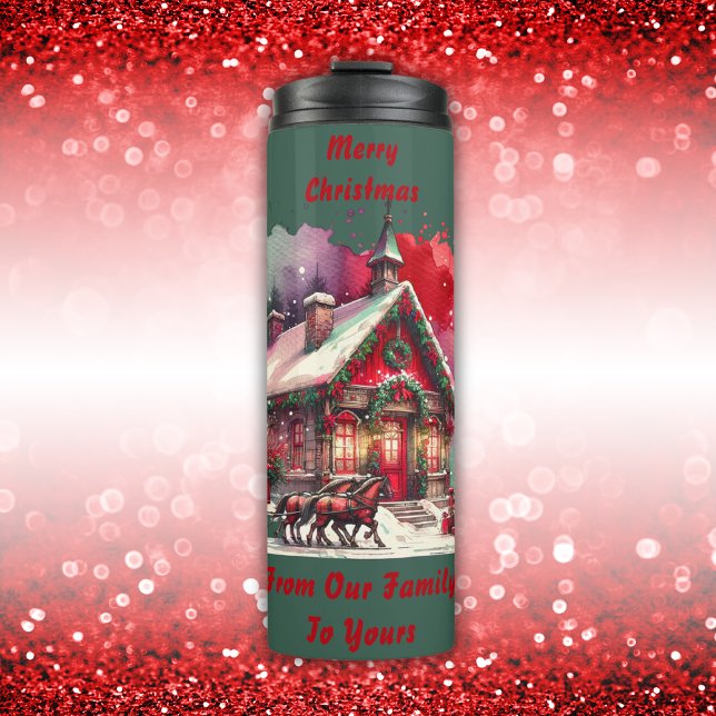Monogram Festive Vintage Christmas on green | Thermal Tumbler (Creator Uploaded)