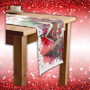 Monogram Festive Vintage Christmas on white Medium Table Runner
