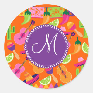 Monogram Fiesta Party Sombrero Cactus Limes Pepper Classic Round Sticker