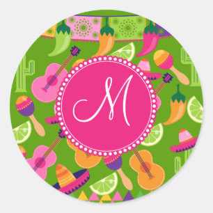 Monogram Fiesta Party Sombrero Cactus Limes Pepper Classic Round Sticker