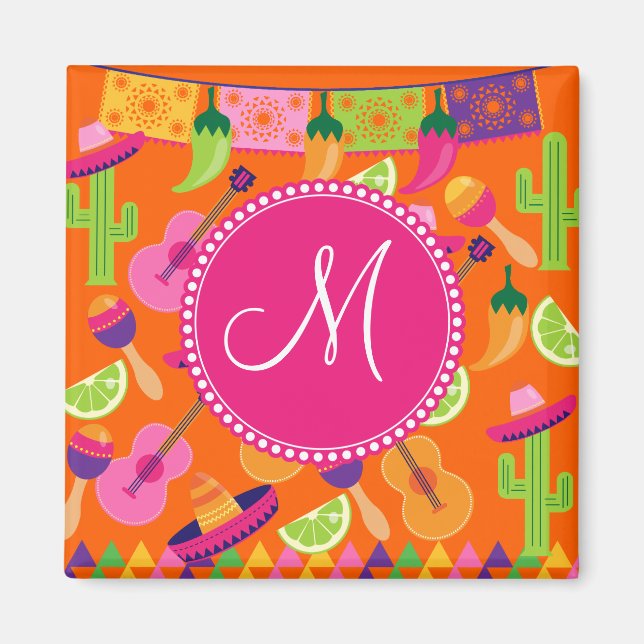 Monogram Fiesta Party Sombrero Cactus Limes Pepper Magnet (Front)