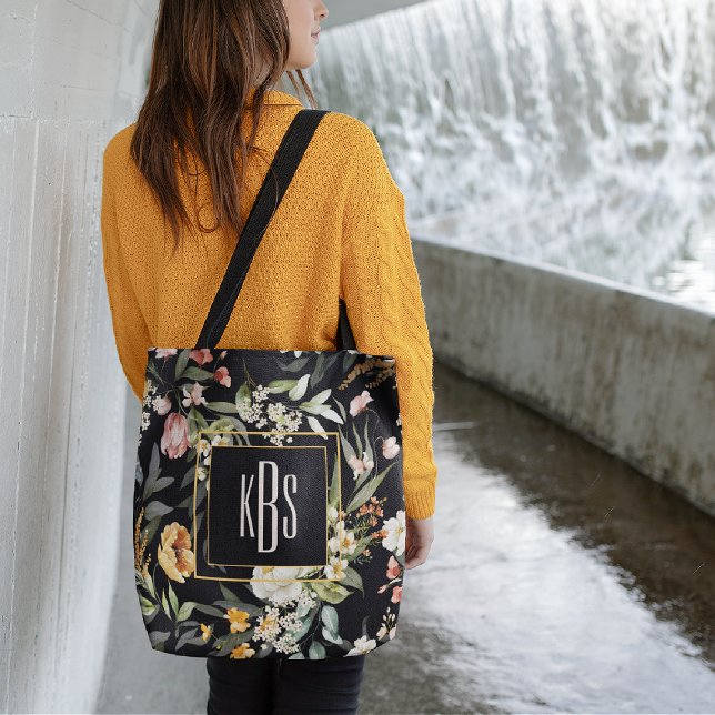 Monogram, Fine Art Florals Black Shoulder Tote  (Creator Uploaded)