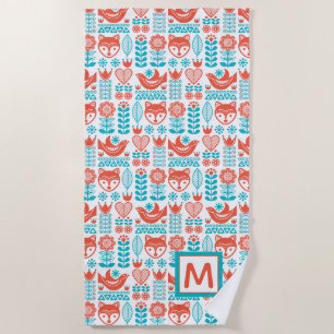 Monogram Finnish Fox & Bird Folk Art Pattern Beach Towel