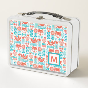 Monogram Finnish Fox & Bird Folk Art Pattern Metal Lunch Box