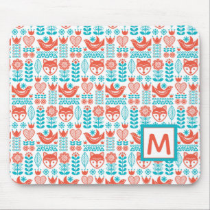 Monogram Finnish Fox & Bird Folk Art Pattern Mouse Mat