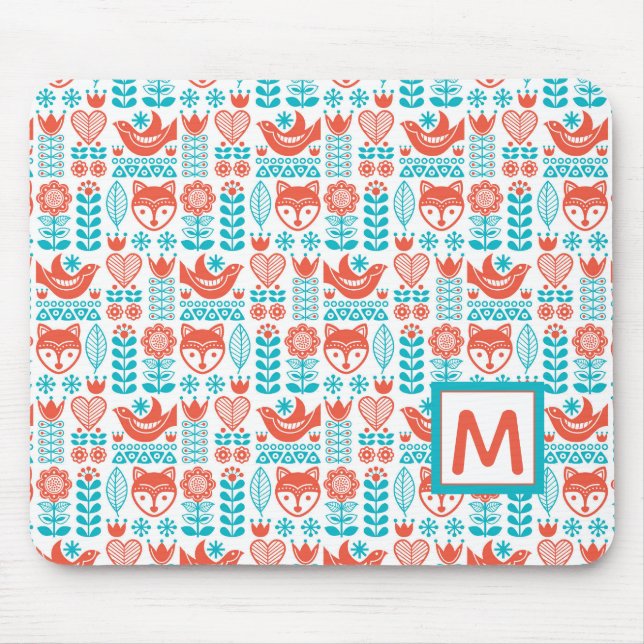 Monogram | Finnish Fox & Bird Folk Art Pattern Mouse Mat (Front)