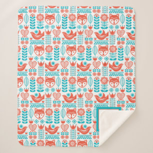 Monogram Finnish Fox & Bird Folk Art Pattern Sherpa Blanket