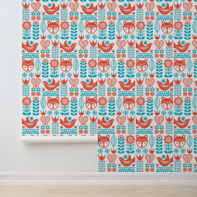 Monogram | Finnish Fox & Bird Folk Art Pattern Wallpaper (Application)